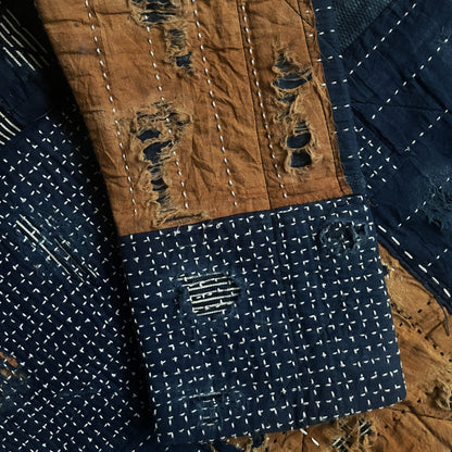 Indigo Collarless Boro Denim Jacket - M