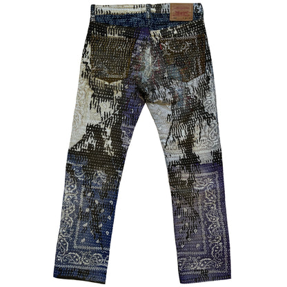 Boro Patchwork Sashiko Distressed Jeans - W32" | W32, Indigo
