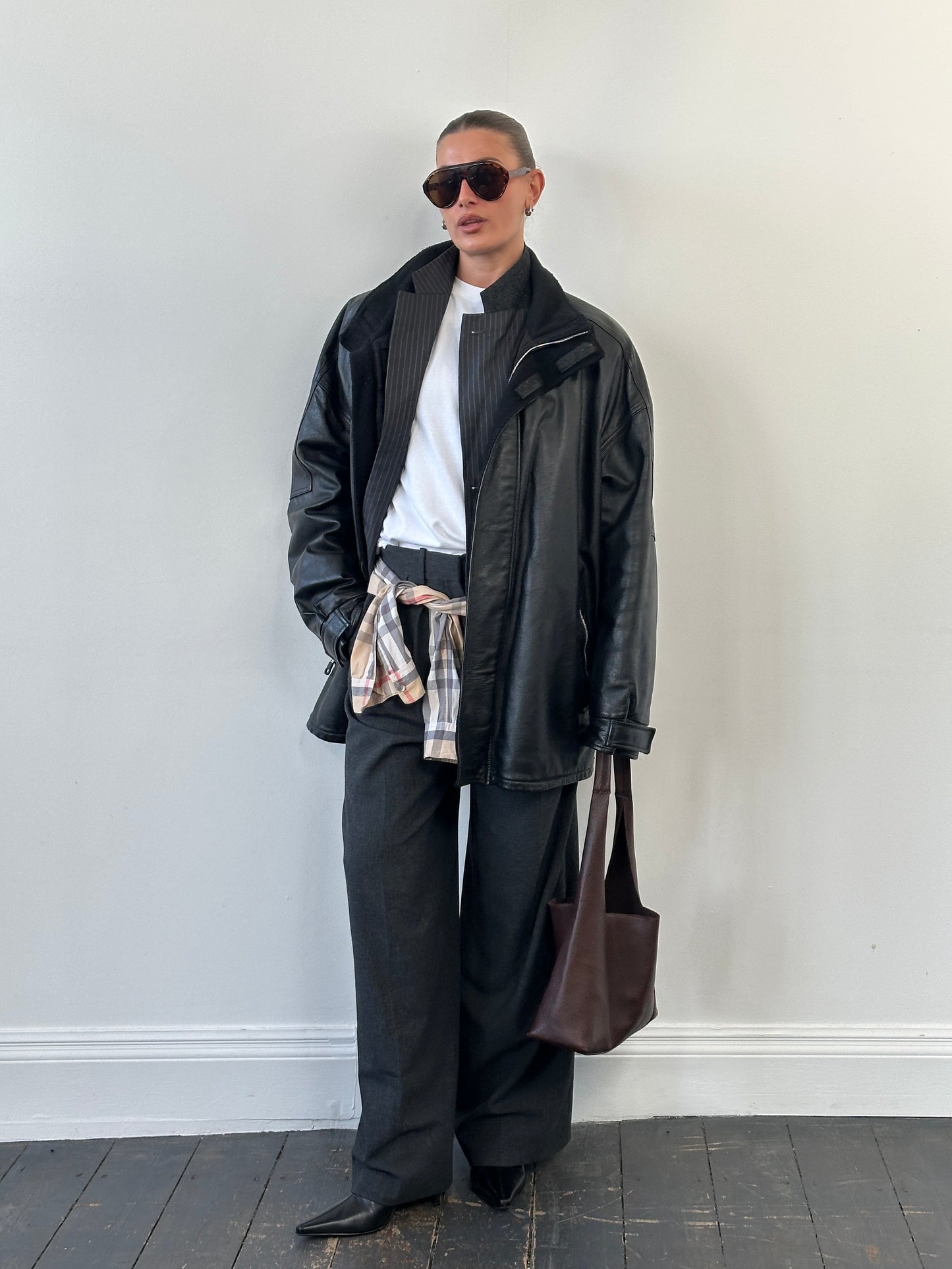 Armani Jeans 2000s High Neck Double Zip Leather Jacket - XXL