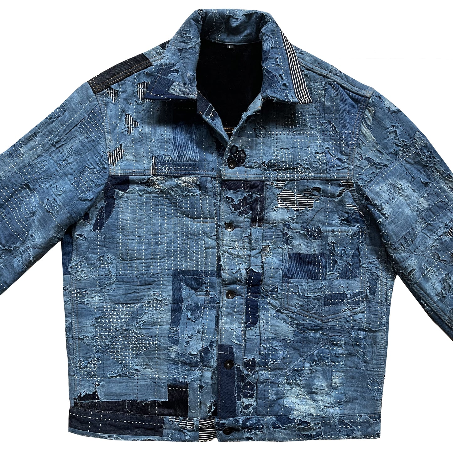 Indigo Boro Sashiko Distressed Denim Trucker Jacket - L