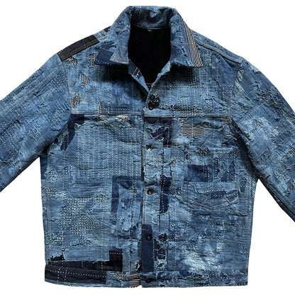 Indigo Boro Sashiko Distressed Denim Trucker Jacket - L