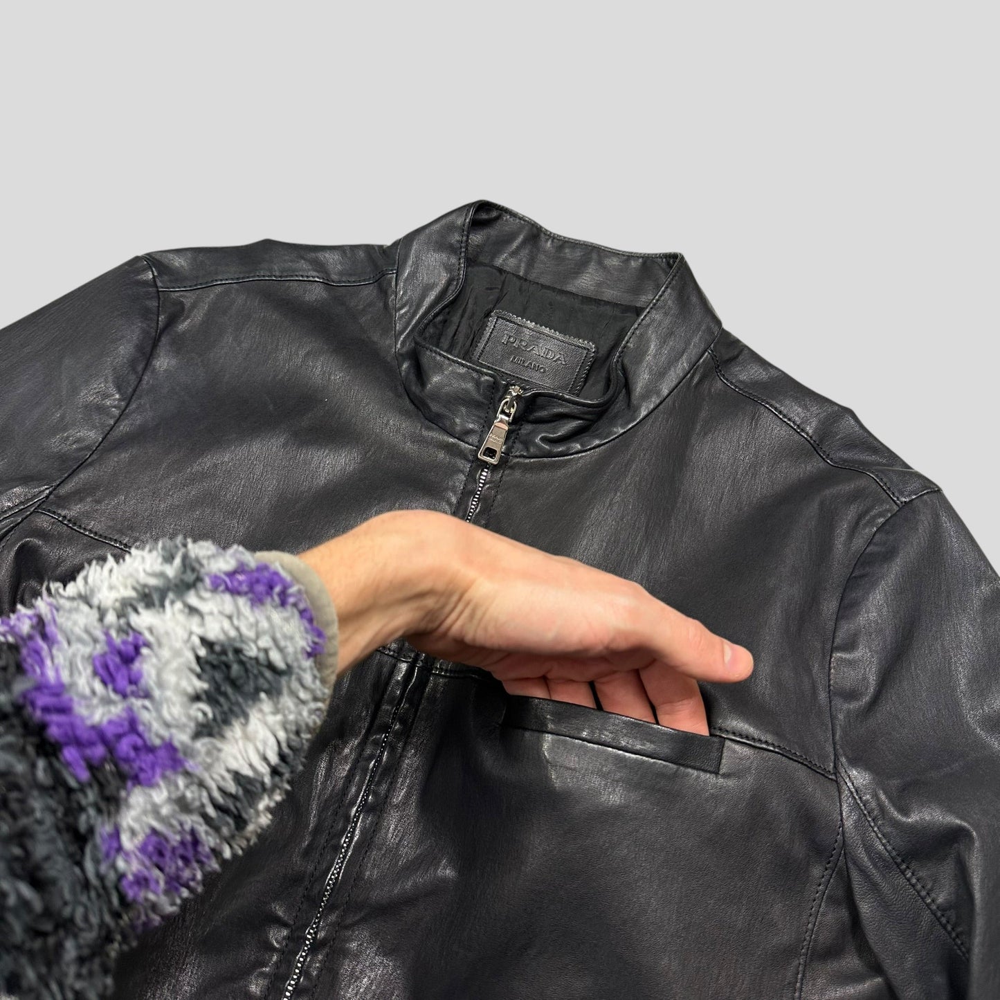 Prada Milano 2013 Lambskin Leather Biker Pocket Jacket - L | Default Title, Black