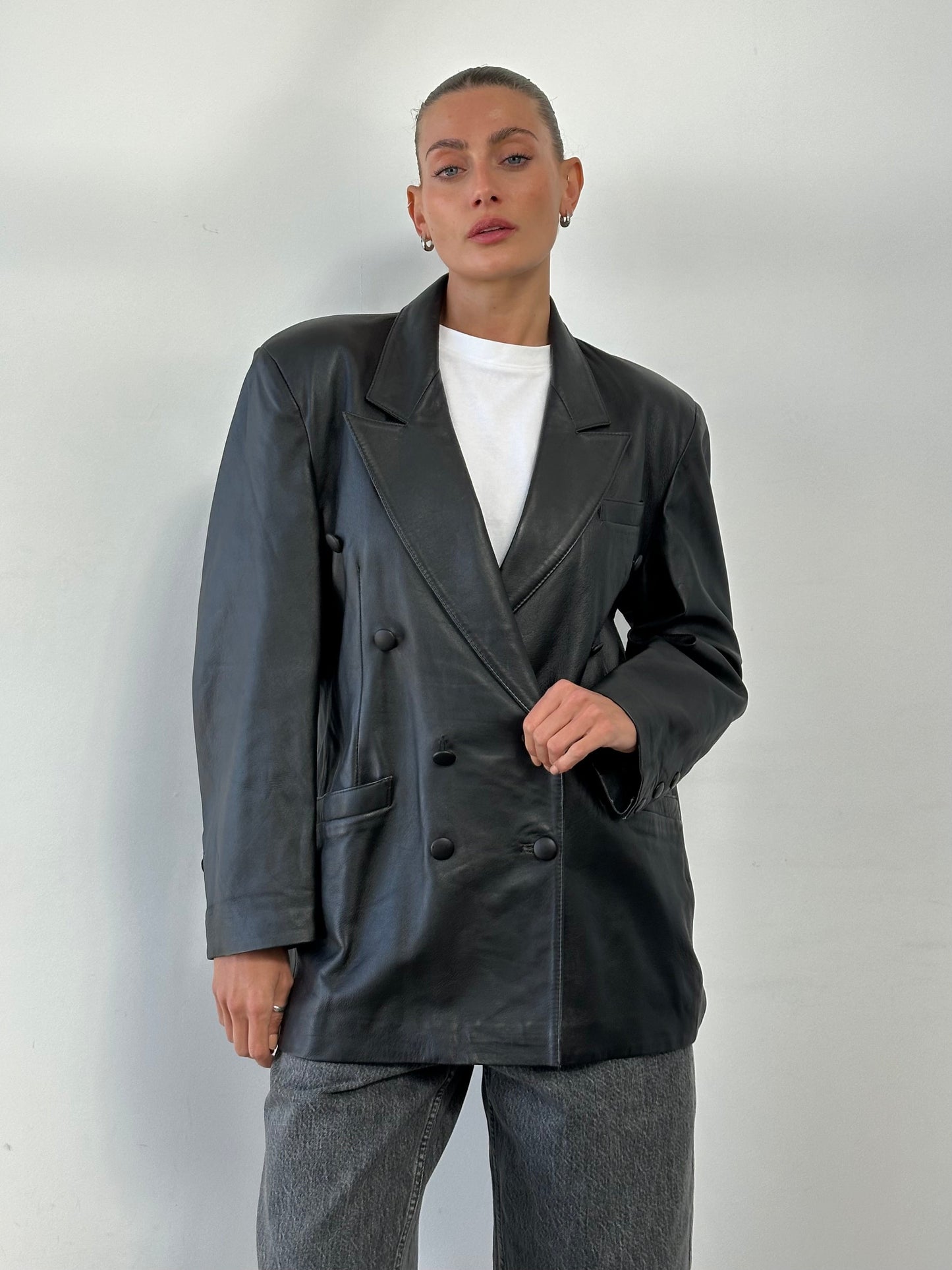 Vintage Double Breasted Leather Blazer Jacket - L