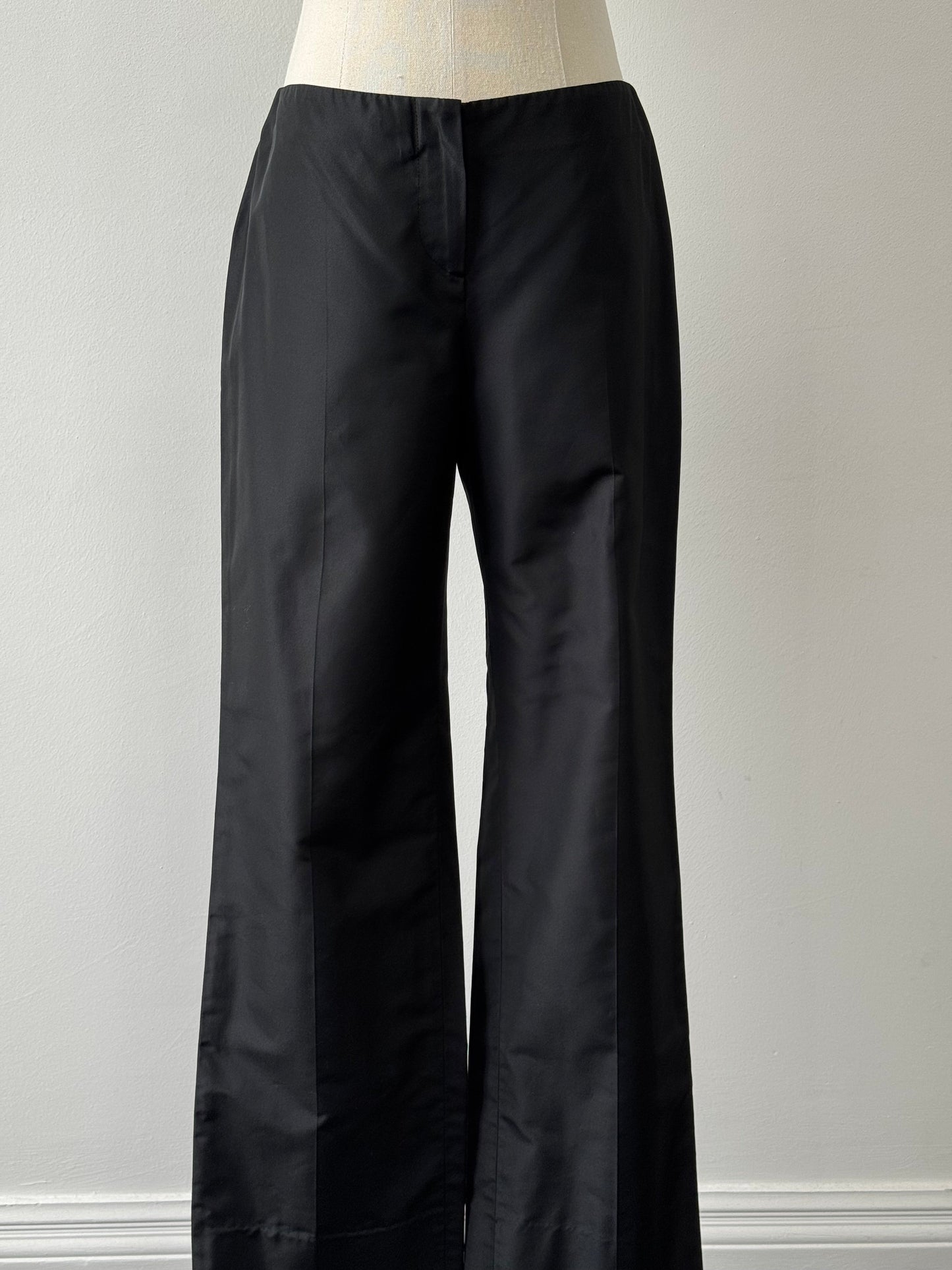 Emporio Armani silk low waist tailored trousers in size W26, featuring a sleek, minimalist design with a low-rise fit.