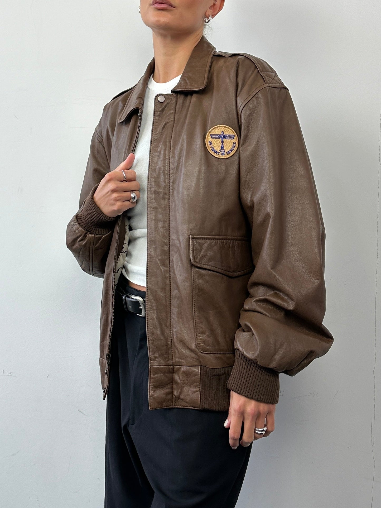 Vintage Embroidery Aviator Leather Bomber Jacket - M/L