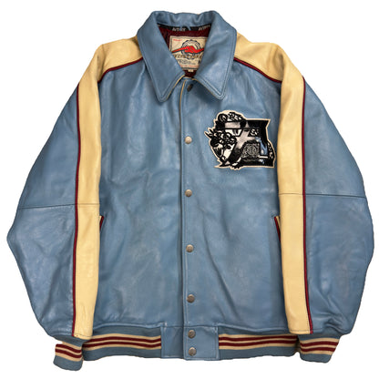 Avirex Dragons Leather Jacket In Blue & Beige (L) | Large, Beige