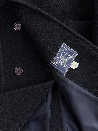 Burberry 1990s Herringbone Wool Double Breasted Coat - M/L