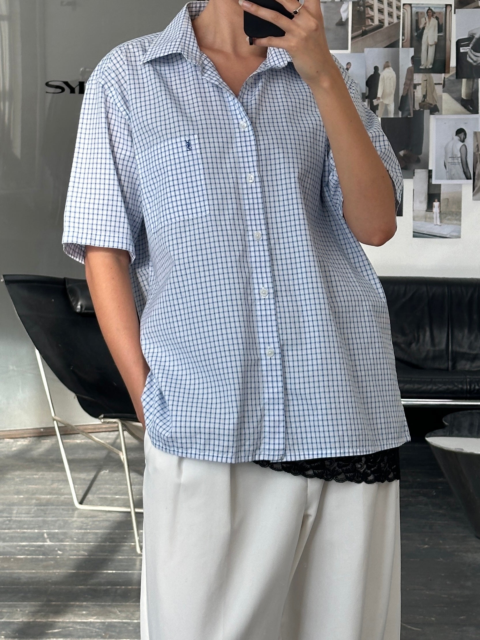 Yves Saint Laurent men's check cotton short sleeve logo shirt in XL with classic pattern and brand logo detail.