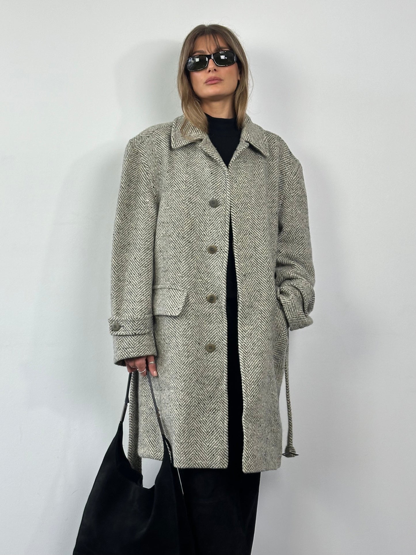 Valentino Pure Brushed Wool Herringbone Belted Coat - XL/XXL