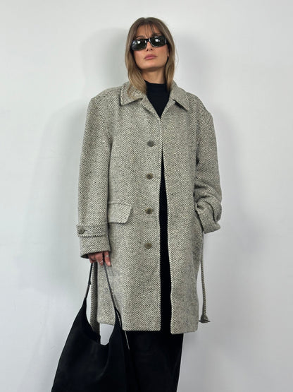 Valentino 1990s Pure Wool Herringbone Belted Coat - XL/XXL