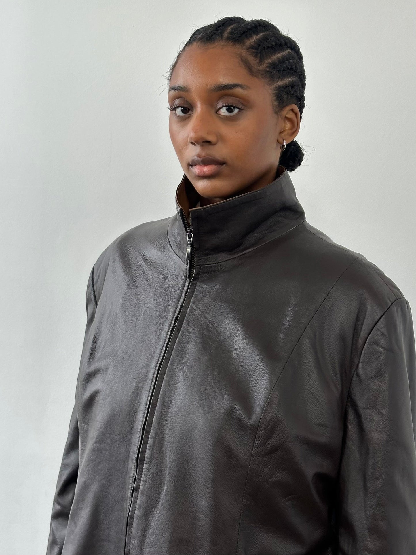 Vintage 1990s High Neck Contrast Leather Jacket - XL