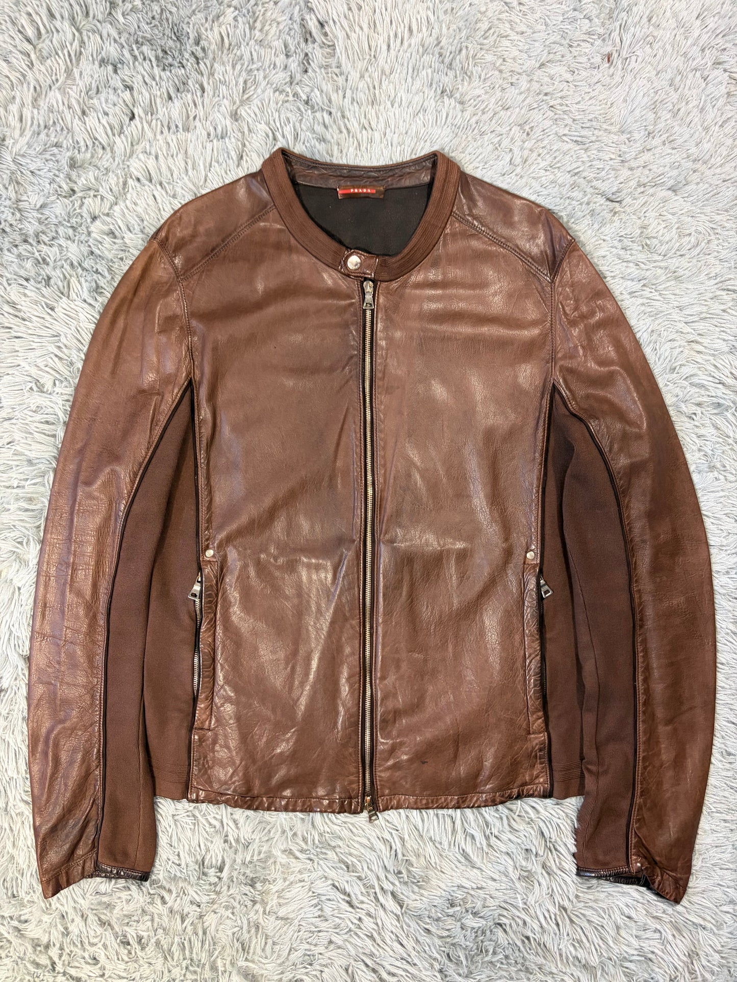 Prada Sport 2004 Brown Leather + Cotton Panelled Biker Jacket - L | O/S, Brown