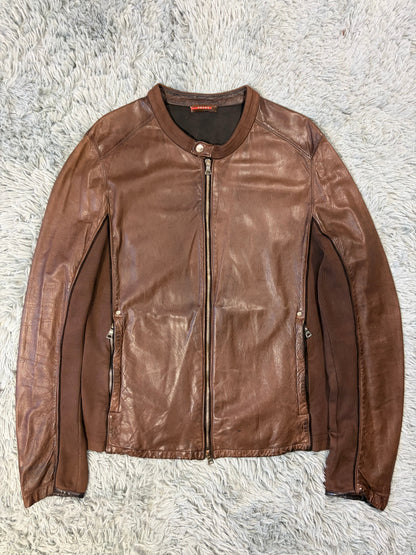 Prada Sport 2004 Brown Leather + Cotton Panelled Biker Jacket - L | O/S, Brown