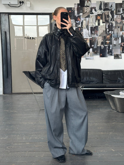 St Michael 1980s High Neck Leather Bomber Jacket - XL