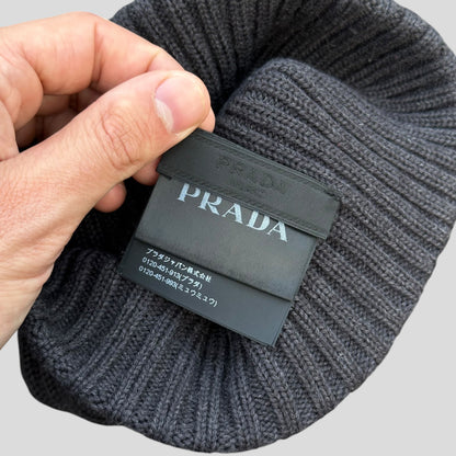 Prada 2020 Virgin Wool Ribbed Logo Beanie - M