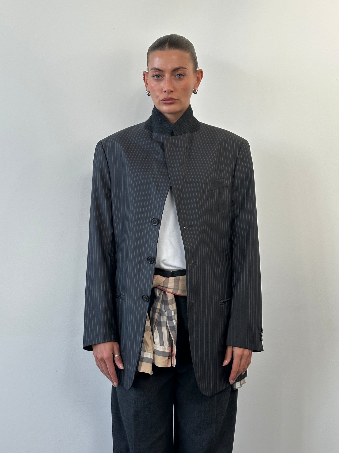 Armani Collezioni 1990s Wool Silk Pinstripe Single Breasted Blazer - 42R/XL