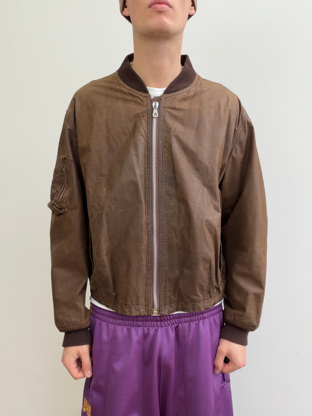 Emporio Armani 90s Oiled Leather Bomber Jacket | Large, Red