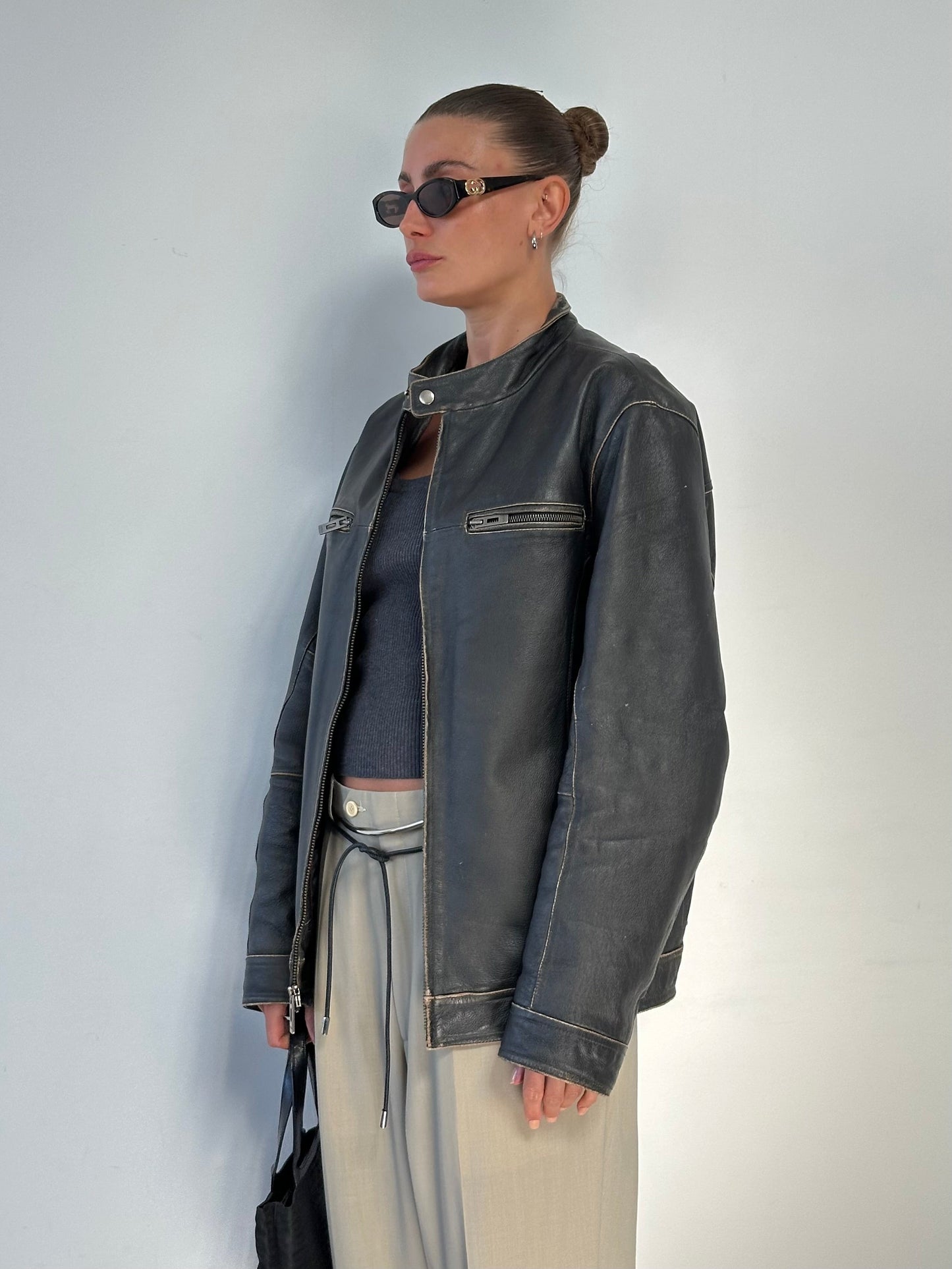 Guess Distressed Moto Leather Jacket - L