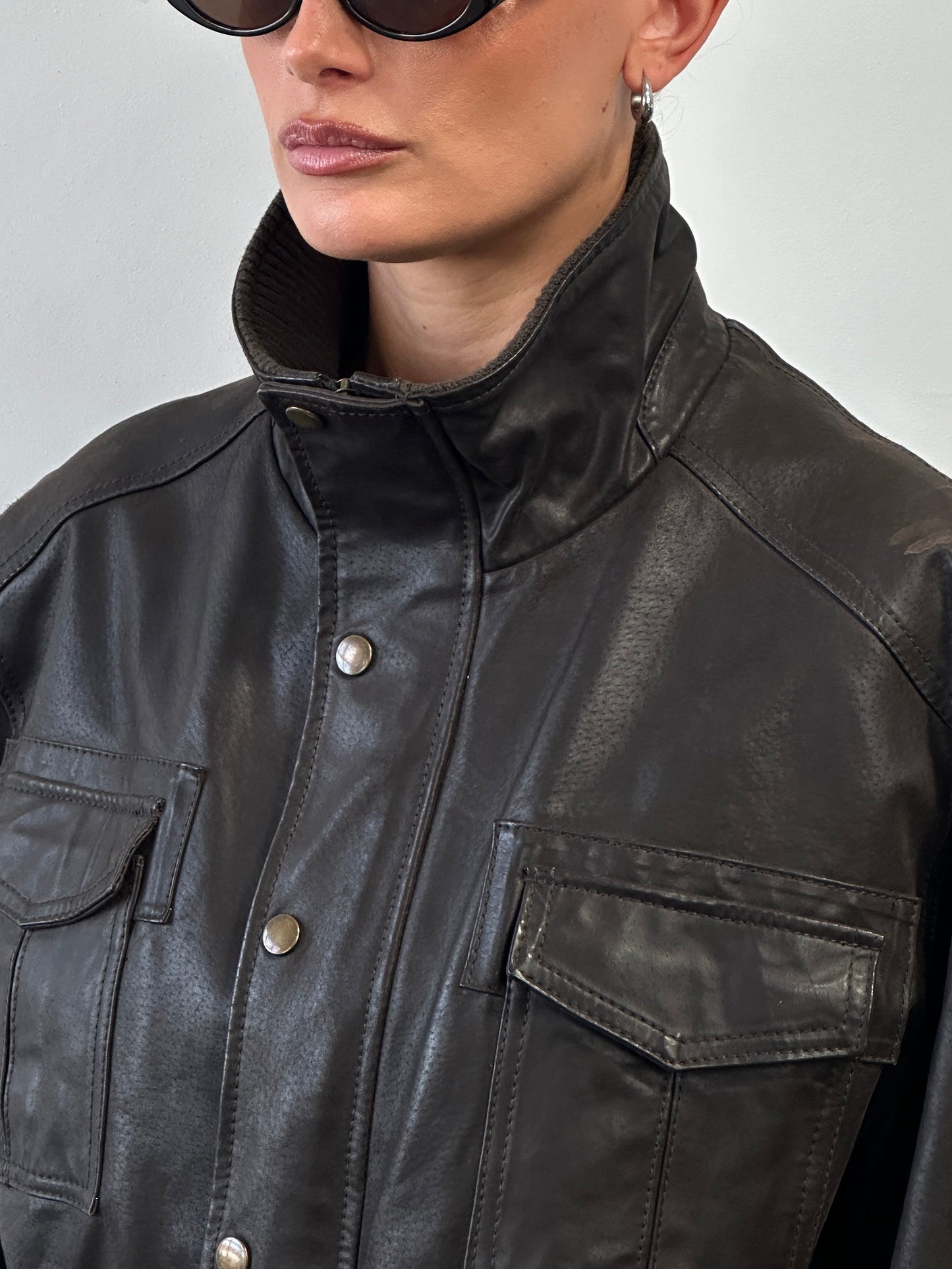 Vintage High Neck Leather Jacket - XL