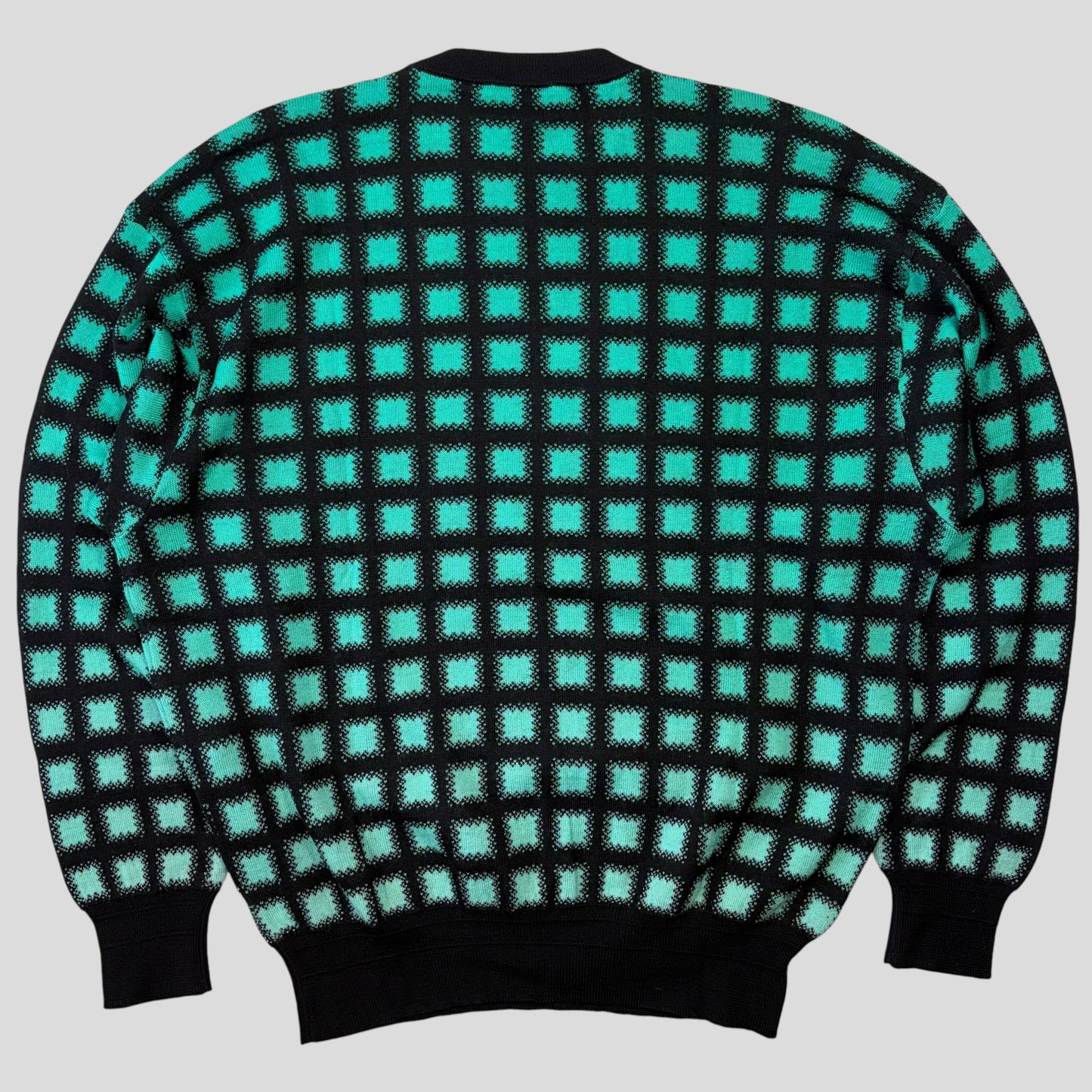 Gianni Versace 1991 Gradient Grid Graphic Knitted Wool Jumper - M/L | O/S, Black