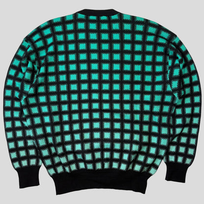 Gianni Versace 1991 Gradient Grid Graphic Knitted Wool Jumper - M/L | O/S, Black