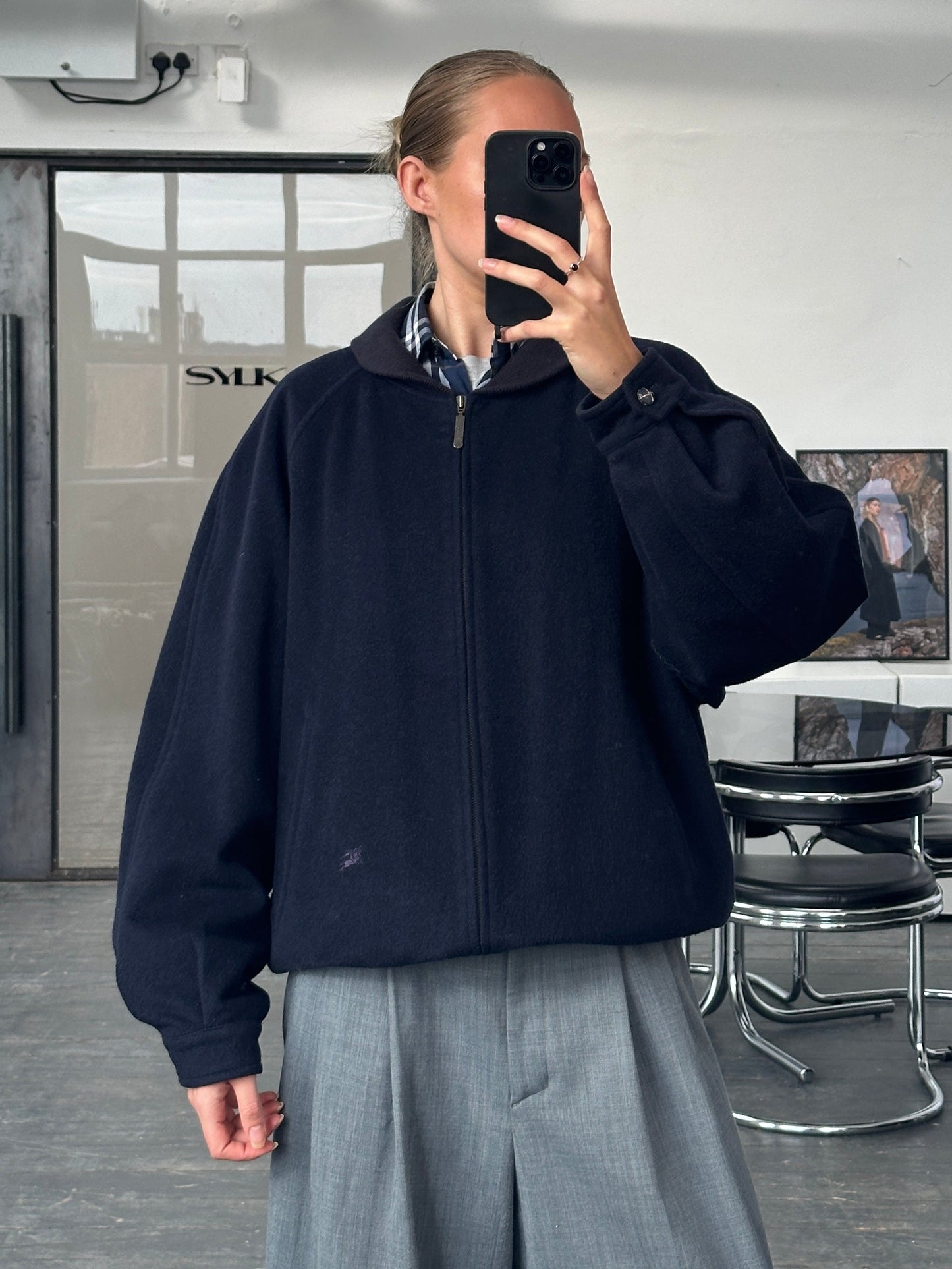 Burberry 1990s Pure Wool Check Logo Bomber Jacket - L/XL