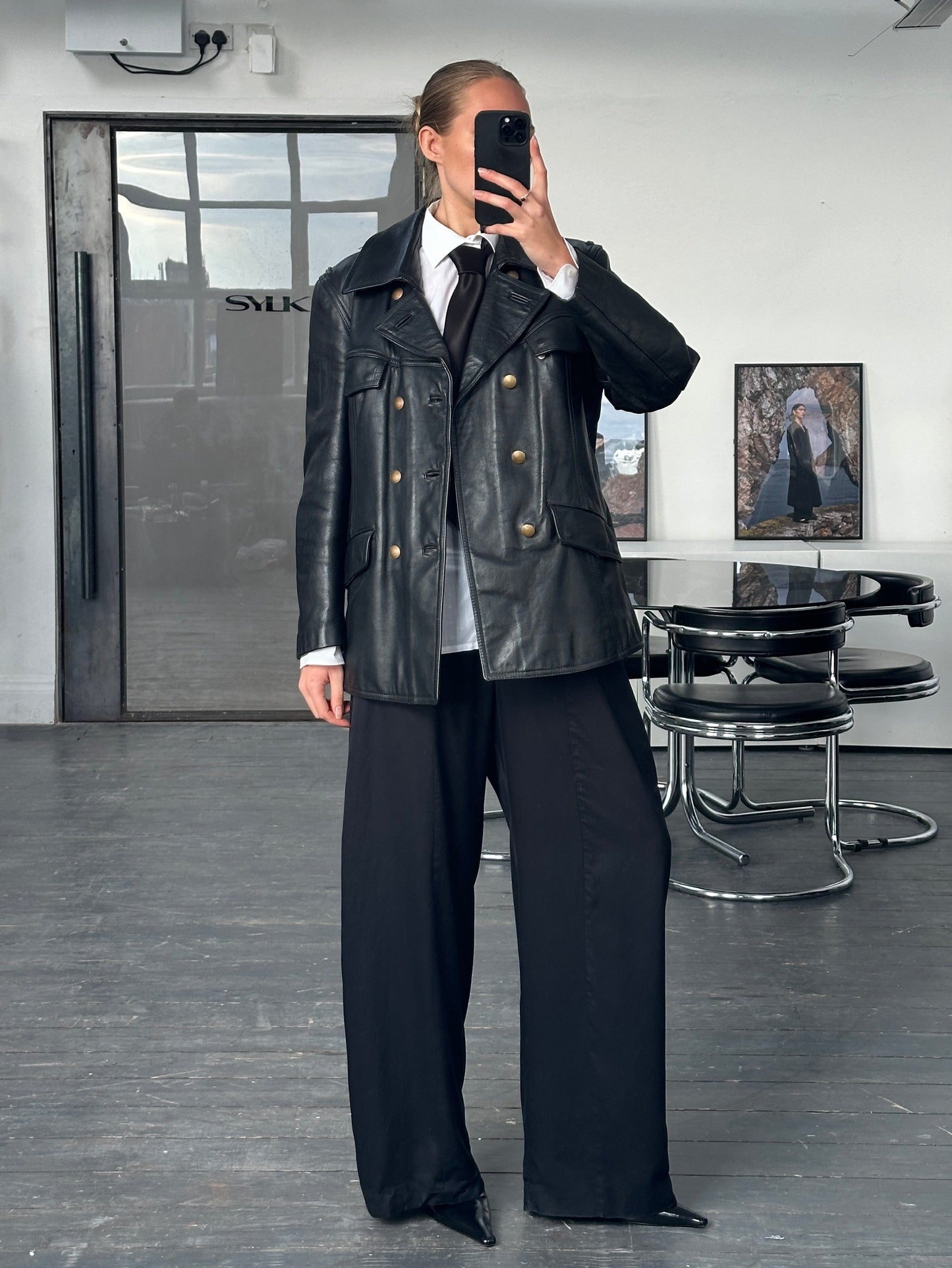 Vintage 1980s Double Breasted Military Leather Jacket - M/L