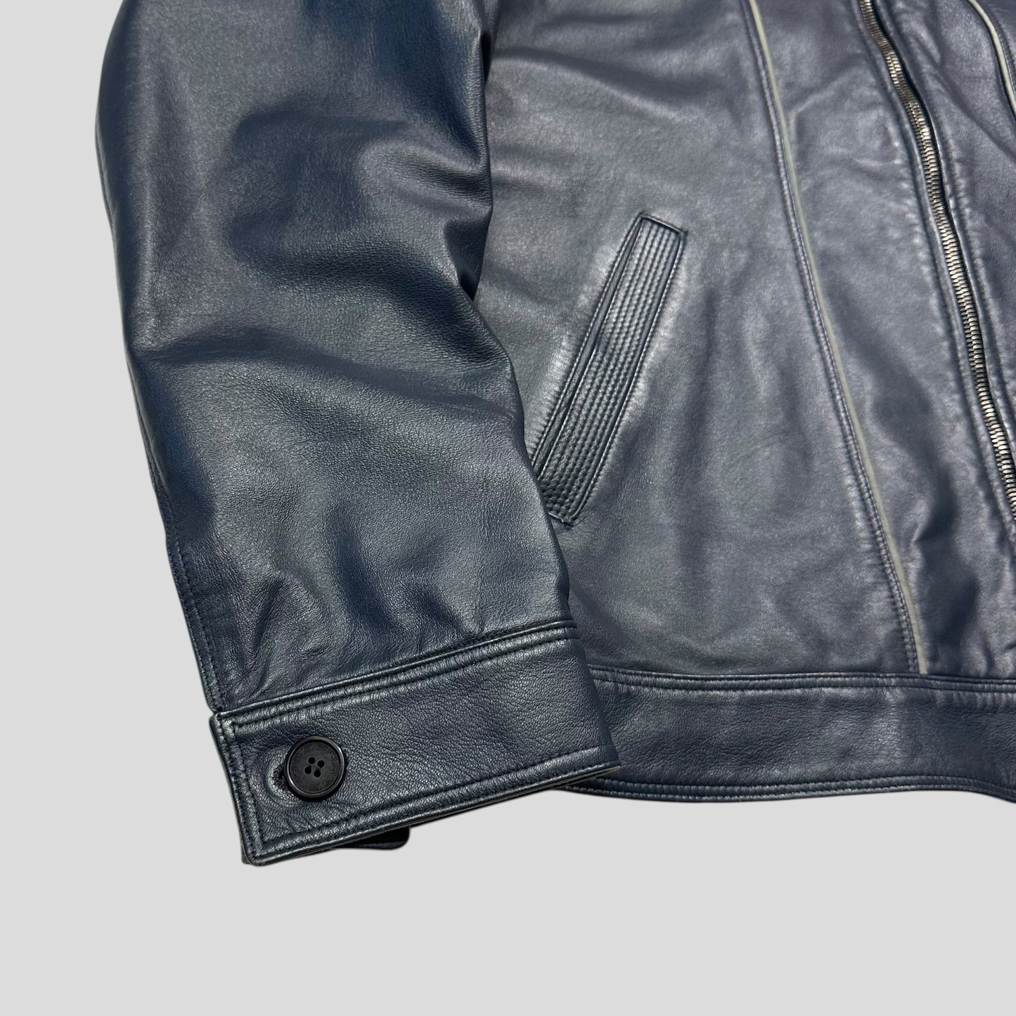 Versace 90’s Classic Premium Blue Leather Piped Moto Jacket - M