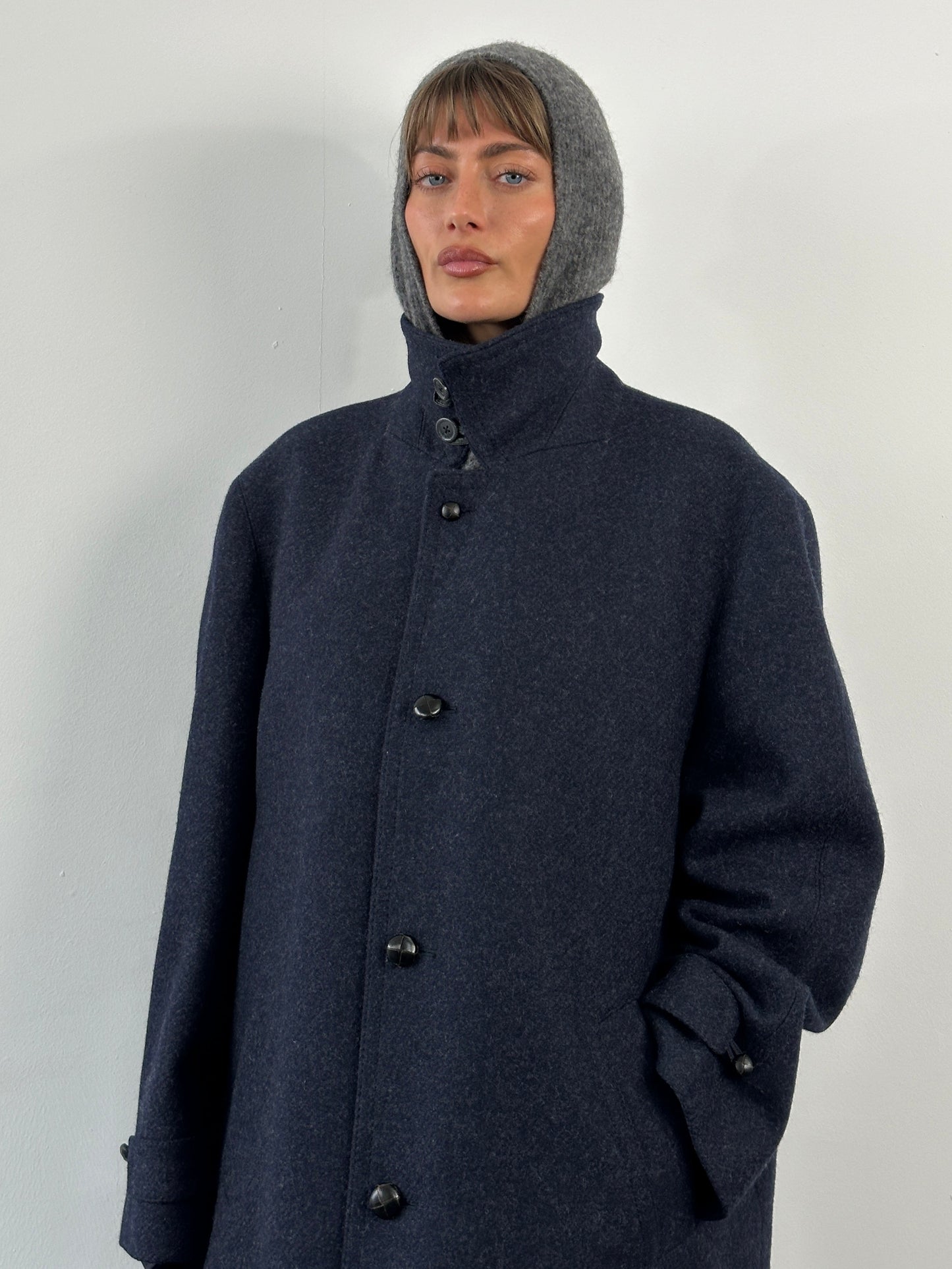 Vintage 1990s Pure Wool High Neck Single Breasted Coat - XL/XXL