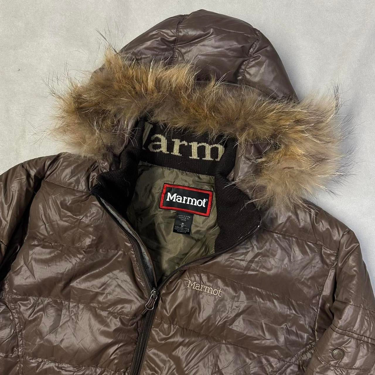 Marmot Fur Hood Puffer Jacket In Brown ( M )