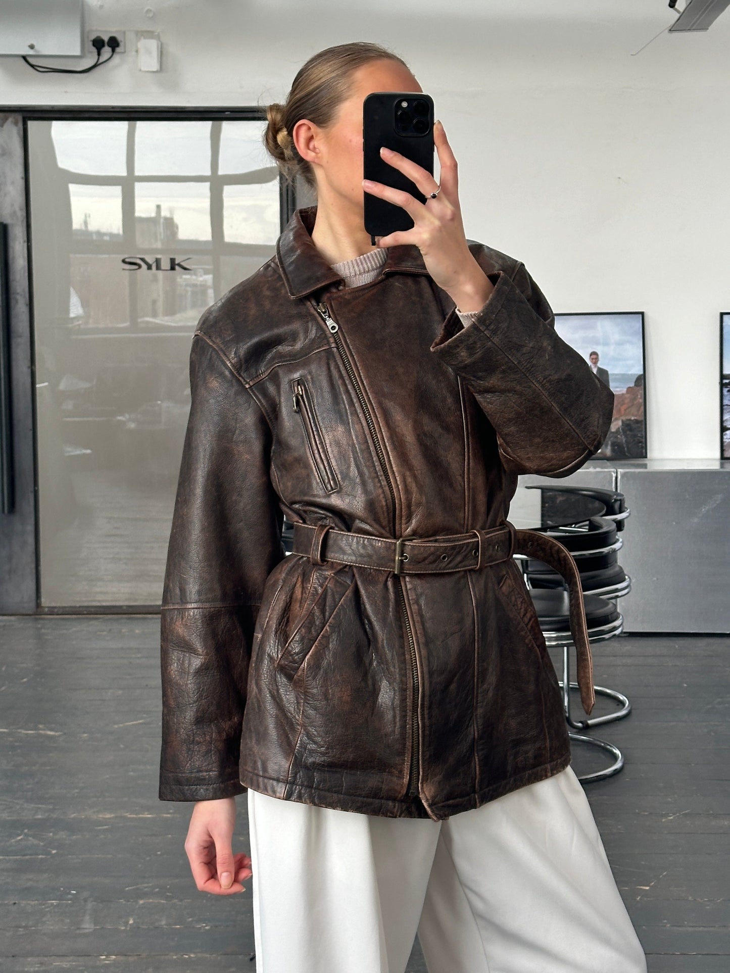 Vintage 1980s Aged Belted Leather Jacket - L