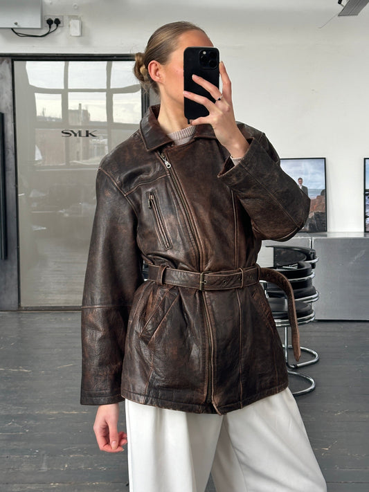 Vintage 1980s Aged Belted Leather Jacket - L
