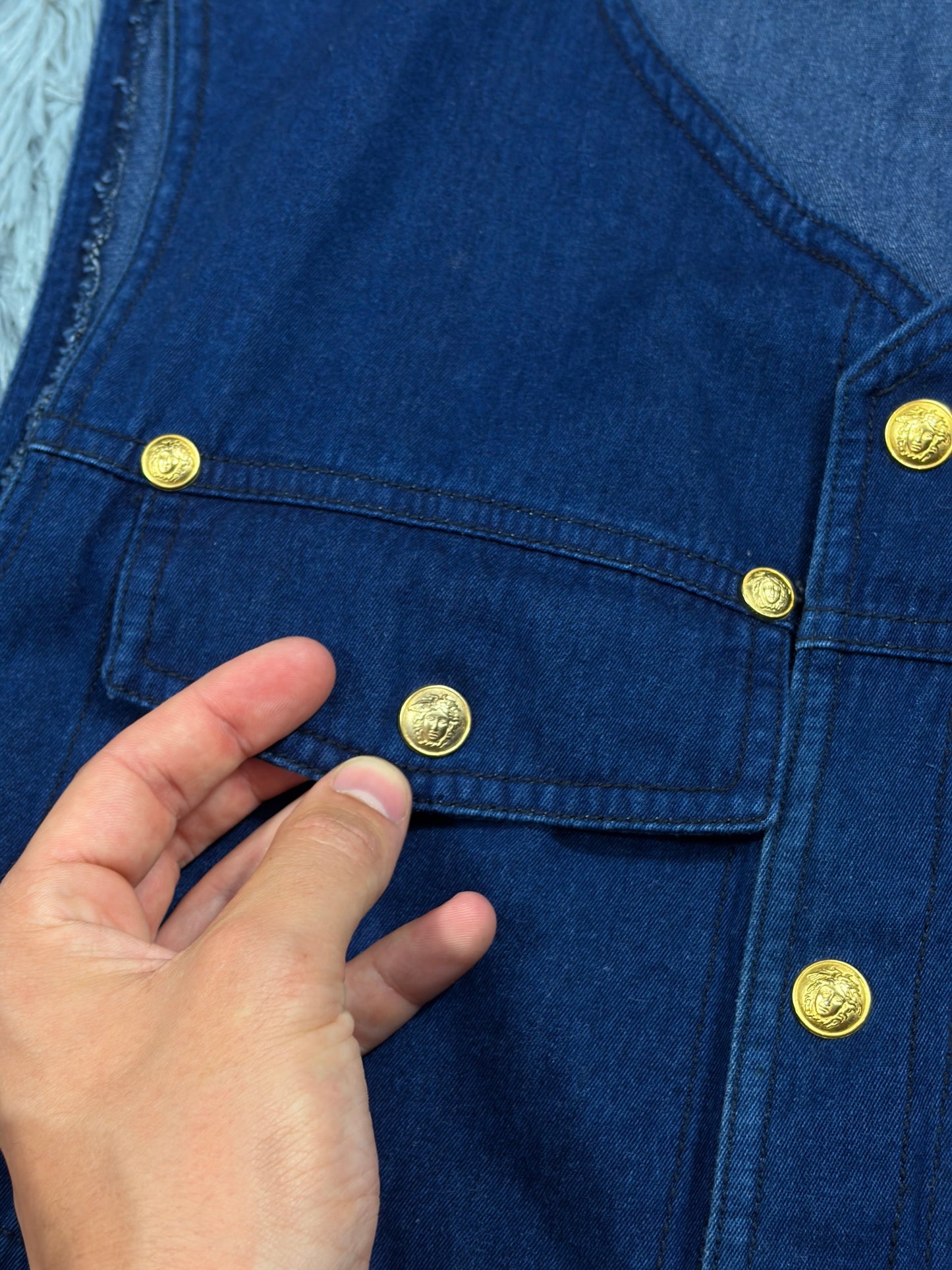 Gianni Versace 1992 Medusa Studded Indigo Denim Vest - IT50 | O/S, Gold
