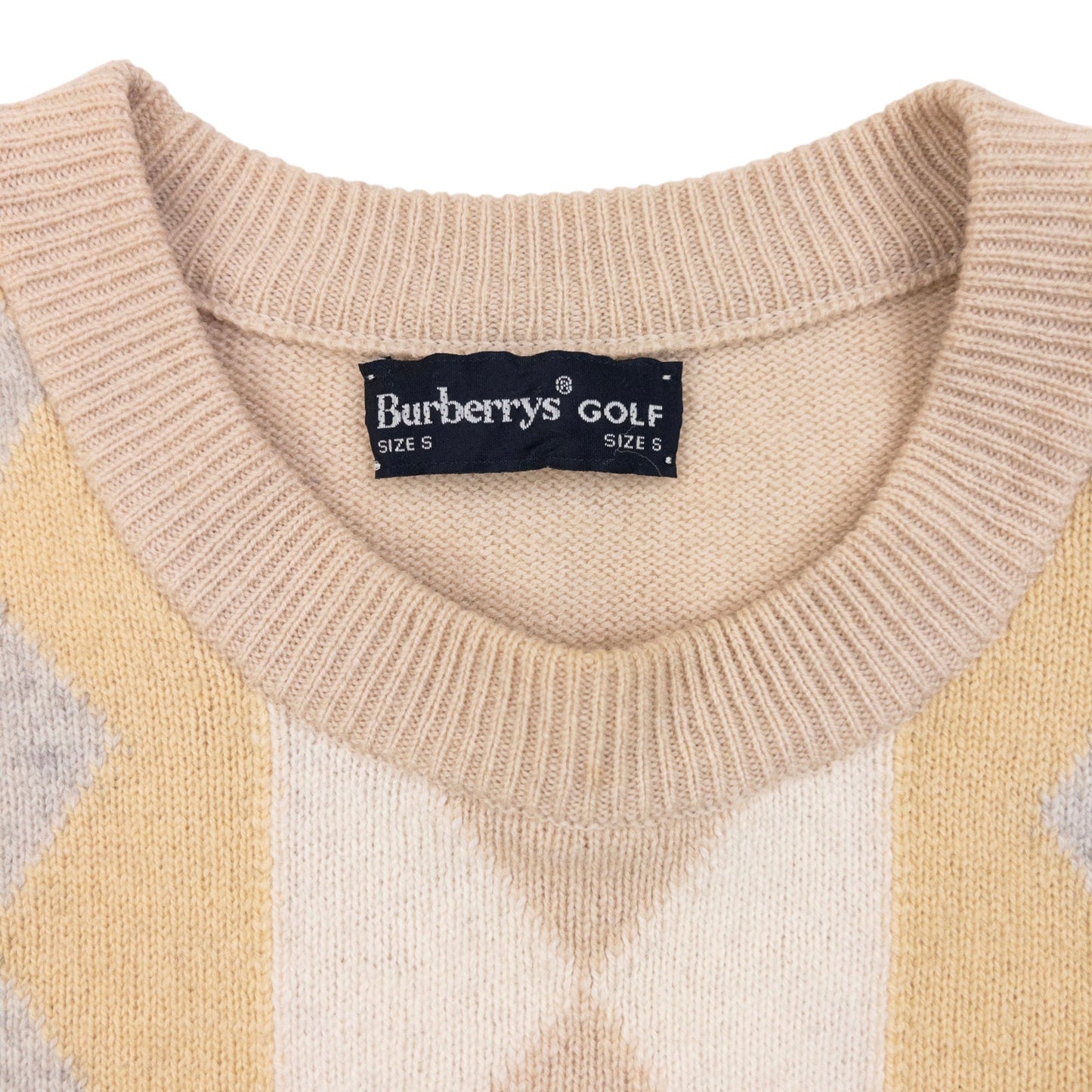 Vintage 90s Burberry Golf Argyle Wool Knit Jumper Size S | Small, Beige