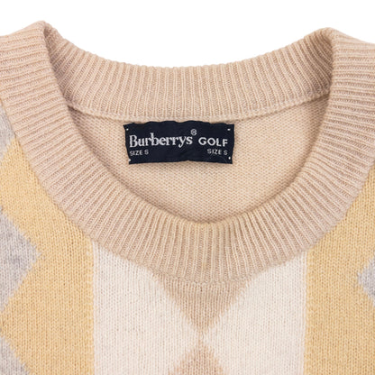 Vintage 90s Burberry Golf Argyle Wool Knit Jumper Size S | Small, Beige