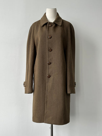 Vintage Italian 1990s wool herringbone single-breasted coat, large size, classic tailored design, front view.