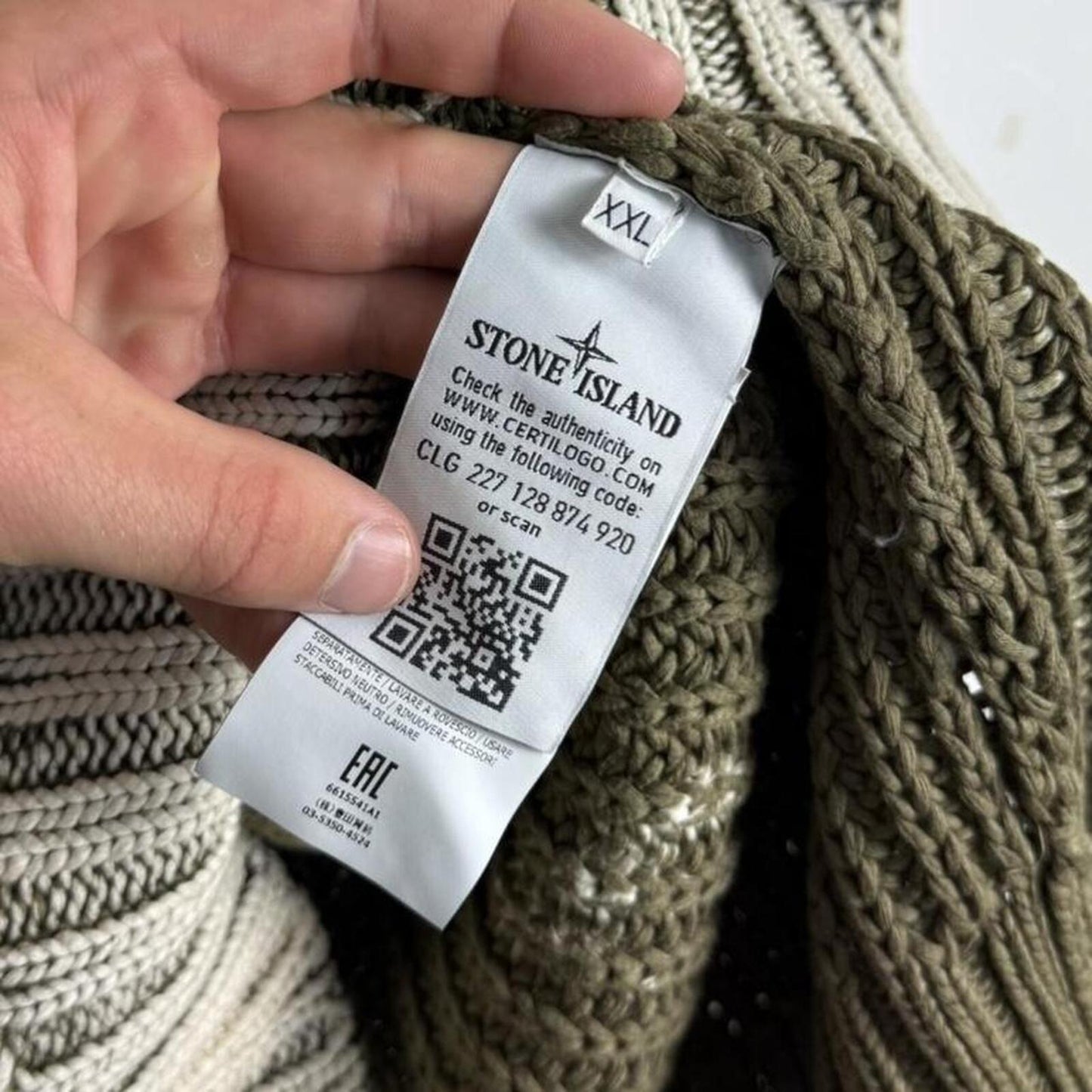 Stone Island Hand Corrosion Cable Knit Jumper Green/Cream (XXL) | XXL, Multicoloured