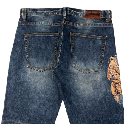 Vintage Big Train Embroidered Koi Fish Japanese Denim Jeans Size W36