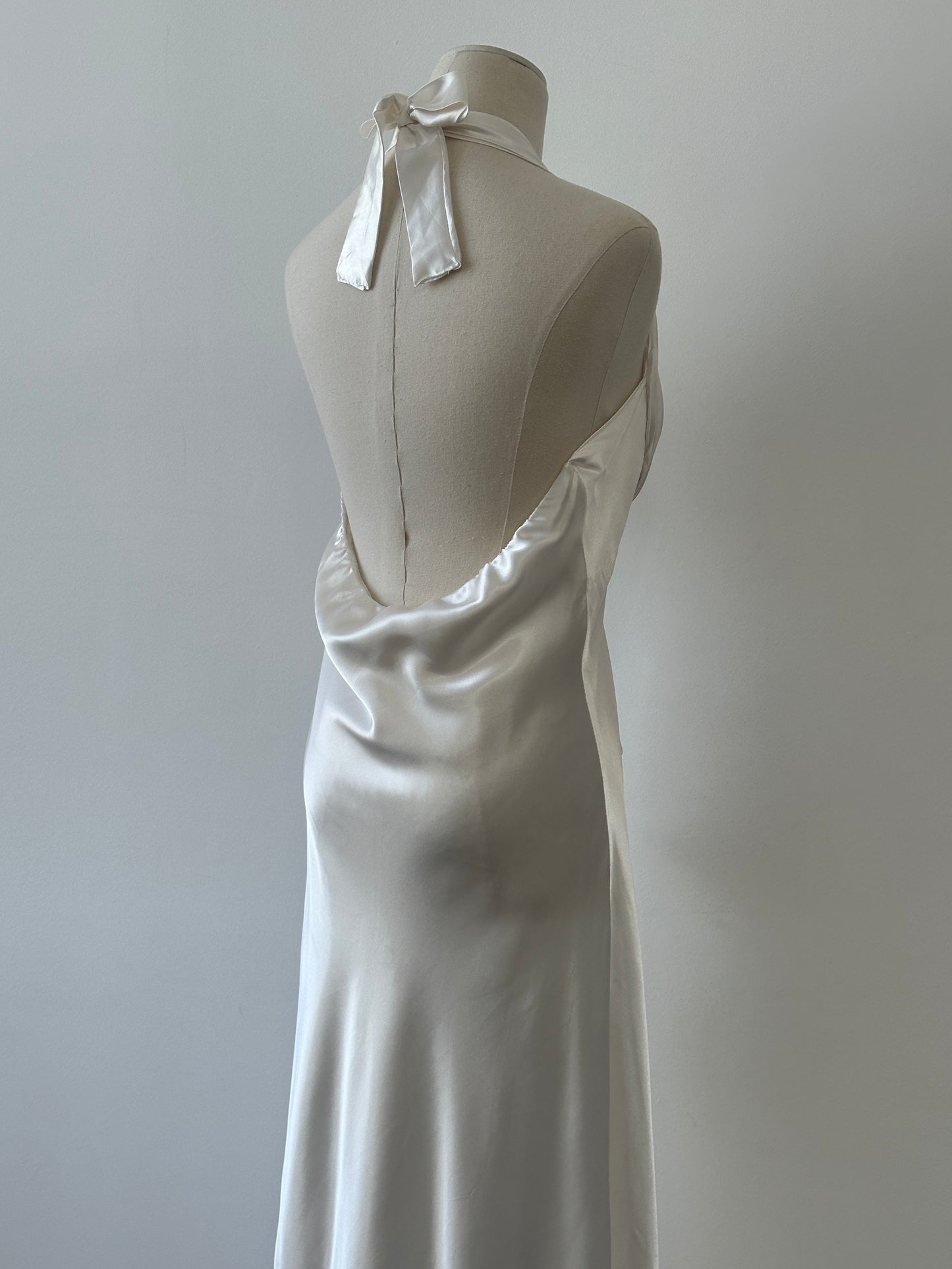 French Vintage 1990s Satin Halter Neck Floor Length Dress - M-L