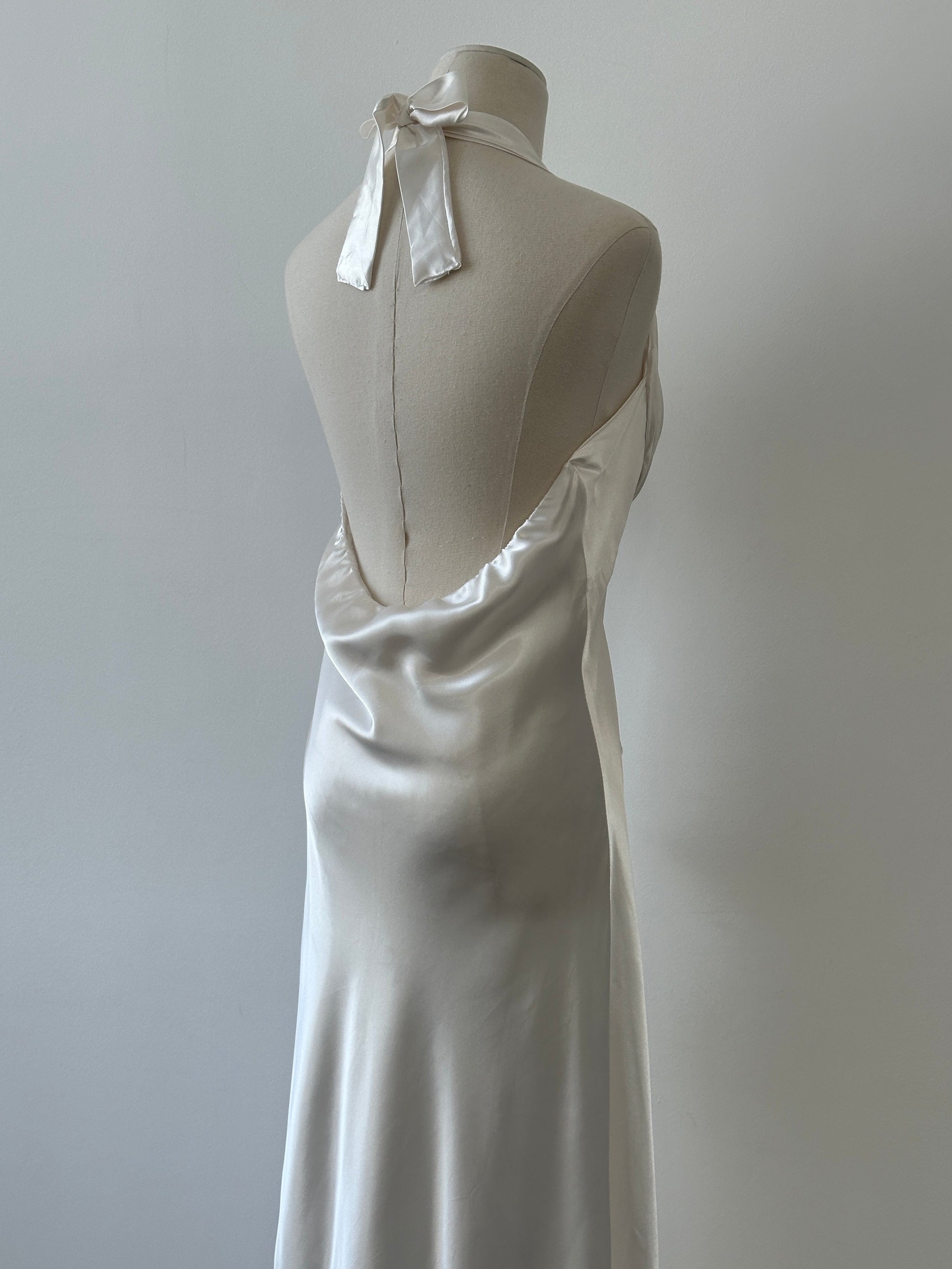 French Vintage 1990s Satin Halter Neck Floor Length Dress - M-L