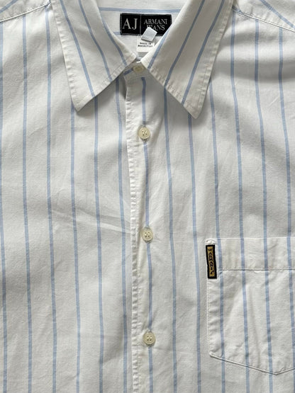 Armani Jeans 2000s pure cotton striped short sleeve shirt in white and blue, casual men's shirt, front view.