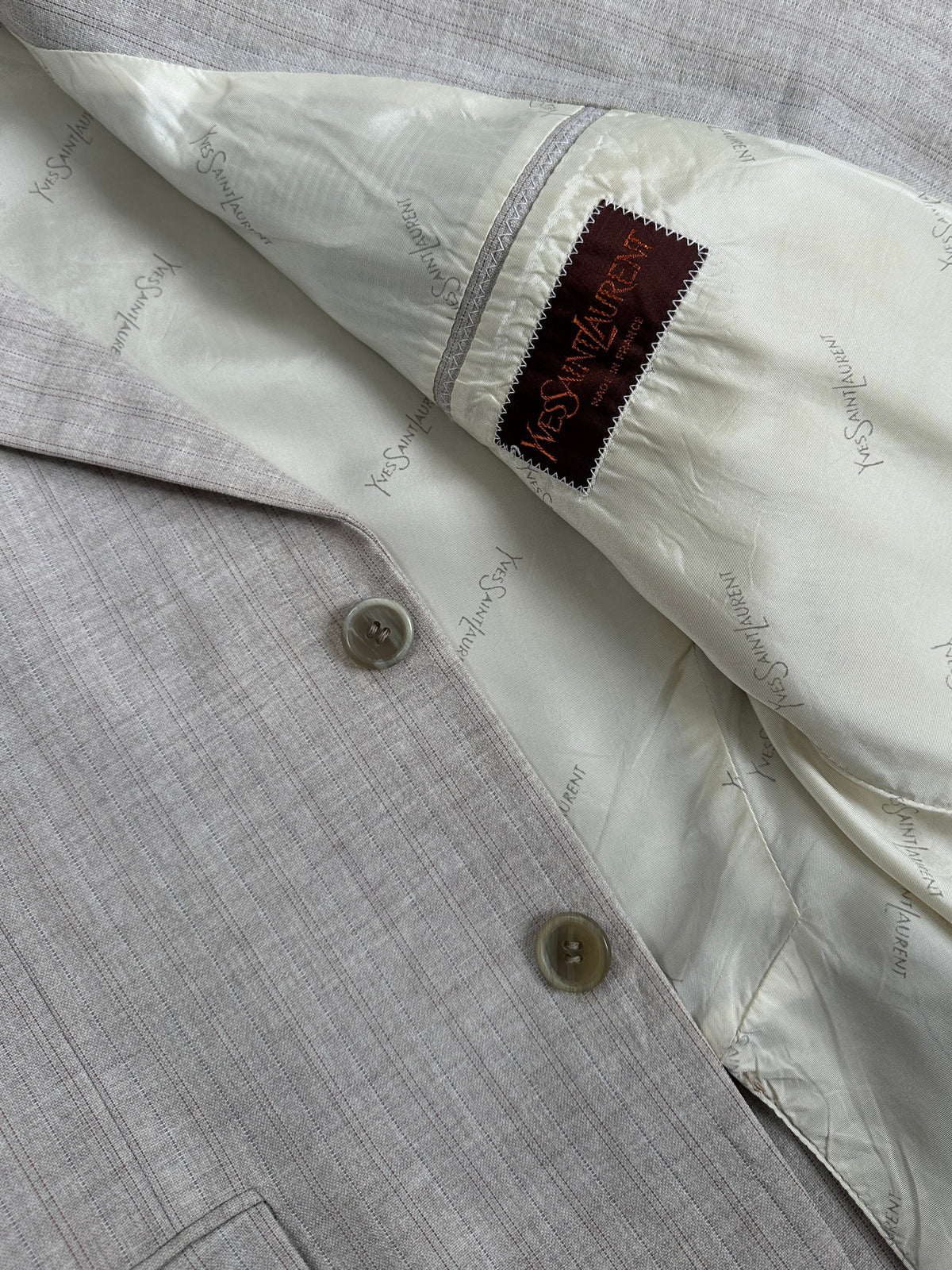 Yves Saint Laurent 1980s wool stripe blazer, single-breasted, in size M, featuring classic tailored fit and vintage style.