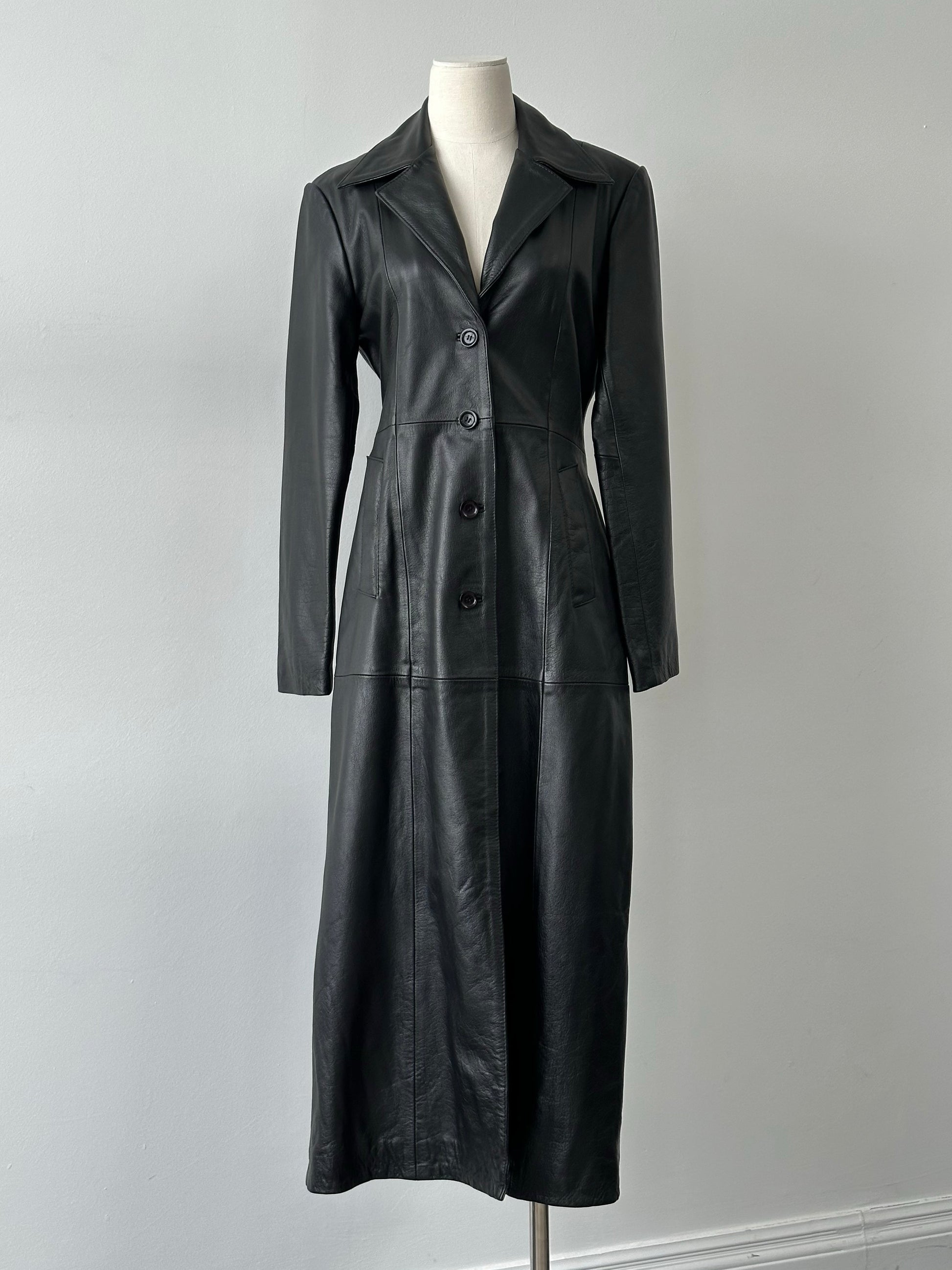 Vintage 1990s Floor Length Leather Trench Coat - S-M