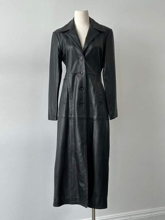 Vintage 1990s Floor Length Leather Trench Coat - S-M