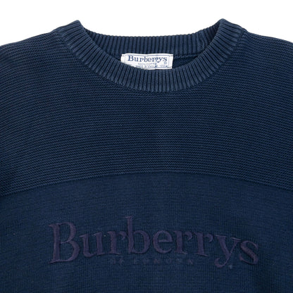 Vintage 90s Burberry Embroidered Knit Jumper Size L | Large, Navy