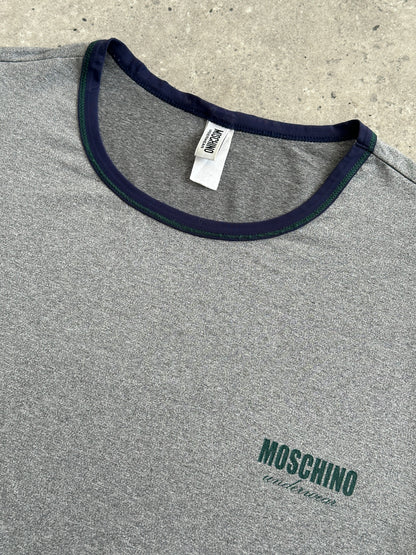 Moschino 1990s short sleeve tank top, men's underwear-inspired design, beige fabric, casual vintage style, front view.
