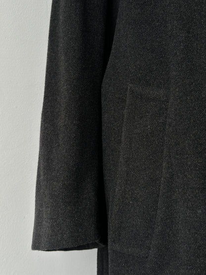 Vintage 1990s wool cashmere high neck belted coat in beige, showcasing classic design and cozy texture in a full front view.