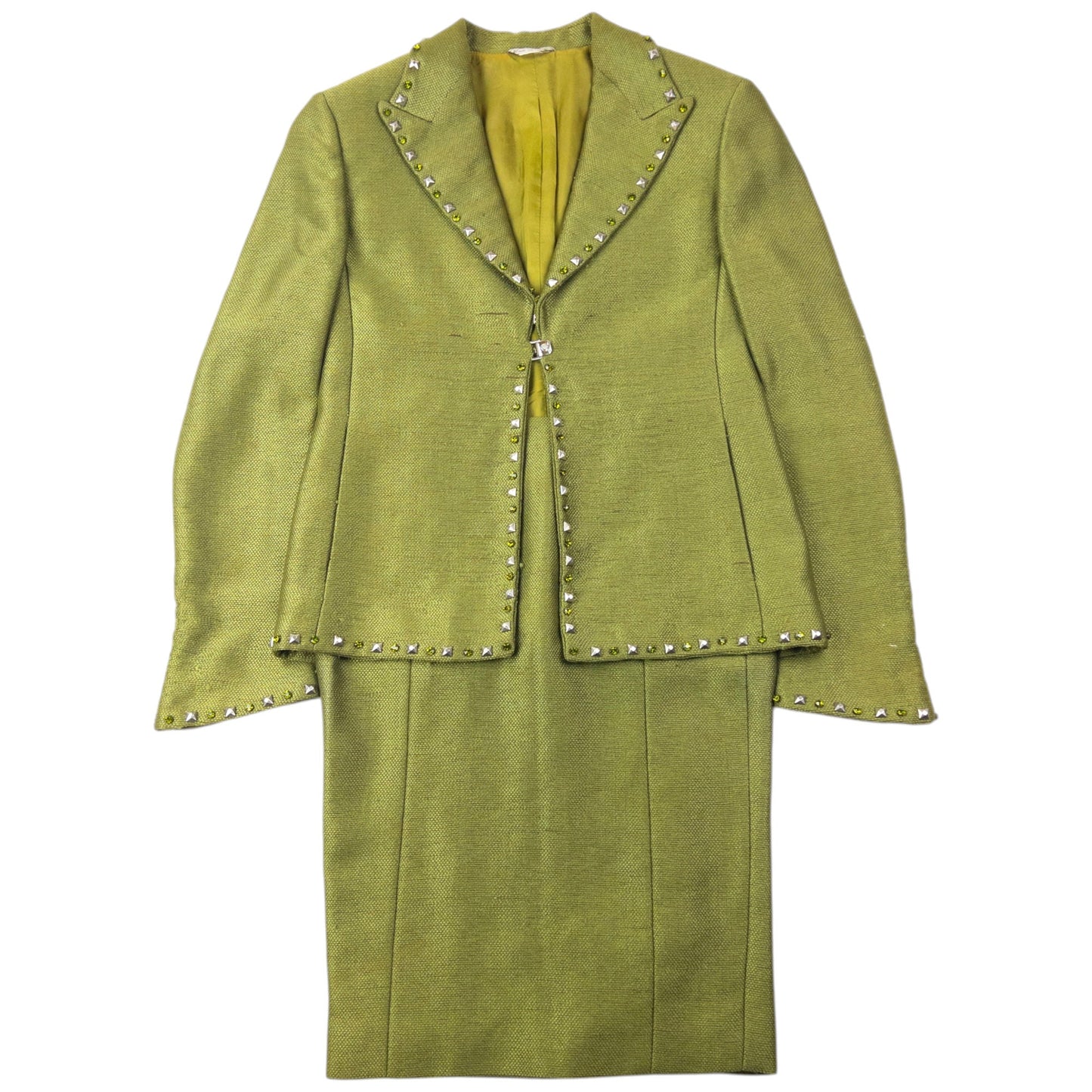 Vintage 90s Gianni Versace Couture Studded Jacket & Skirt Suit Set Womens Size XS | XS, Green