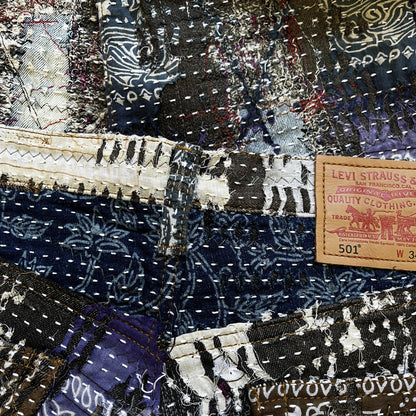 Boro Patchwork Sashiko Distressed Jeans - W32" | W32, Indigo
