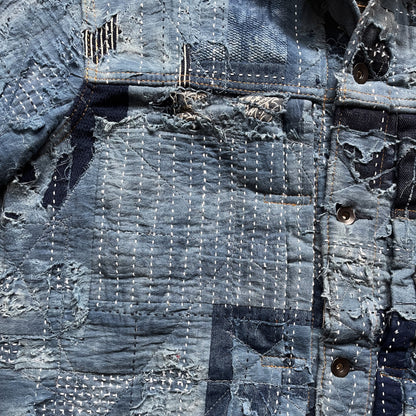 Indigo Boro Sashiko Distressed Denim Trucker Jacket - L